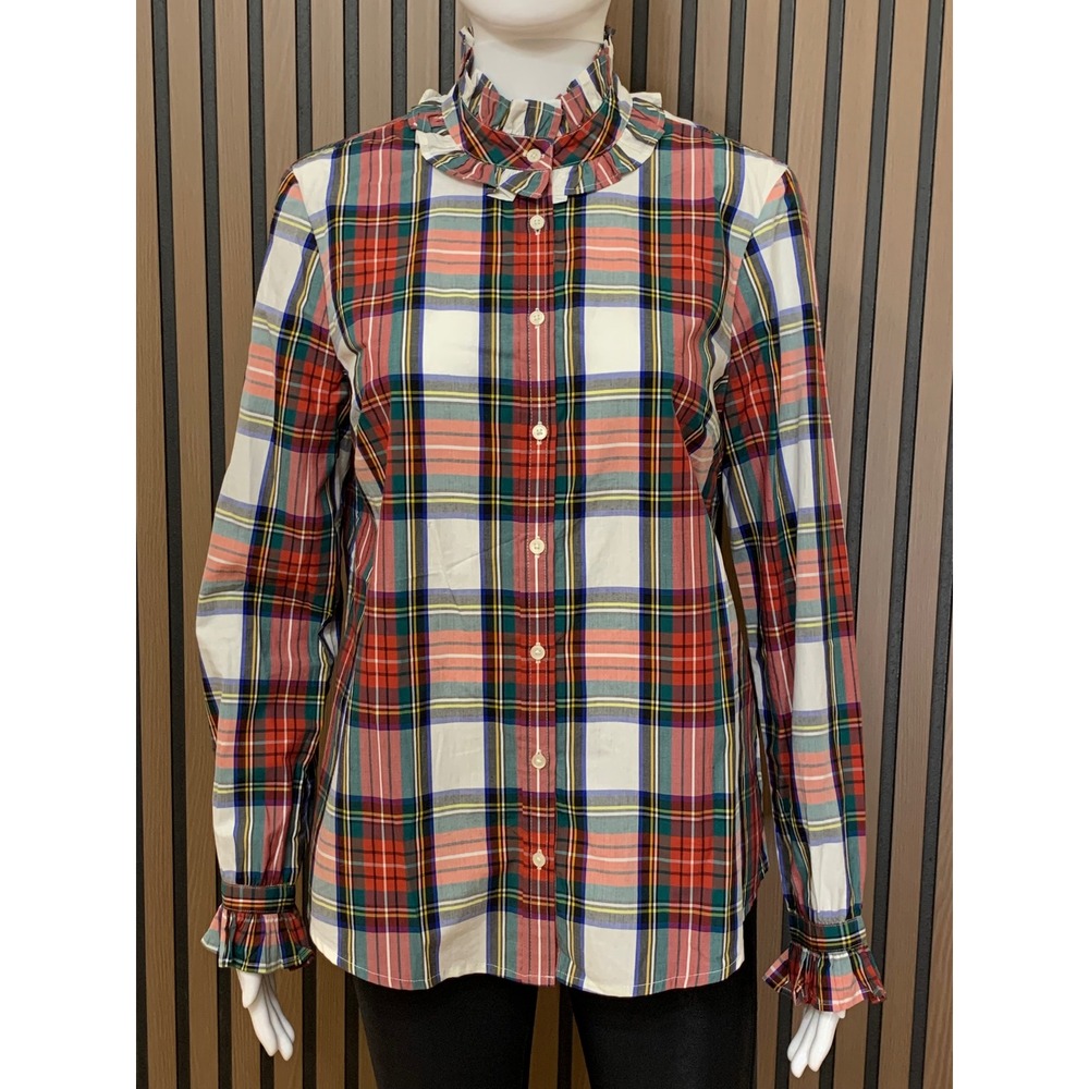 J.Crew Women's Plaid Ruffle Neck Button Down Blouse Top Multi-Color Small